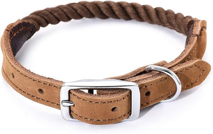 Mile High Life Genuine Leather Dog Collar, Durable Braided Cotton Rope Collar with Metal Pin Buckle for Small Medium Large Dogs (Dark Brown, S Neck 11"-15")