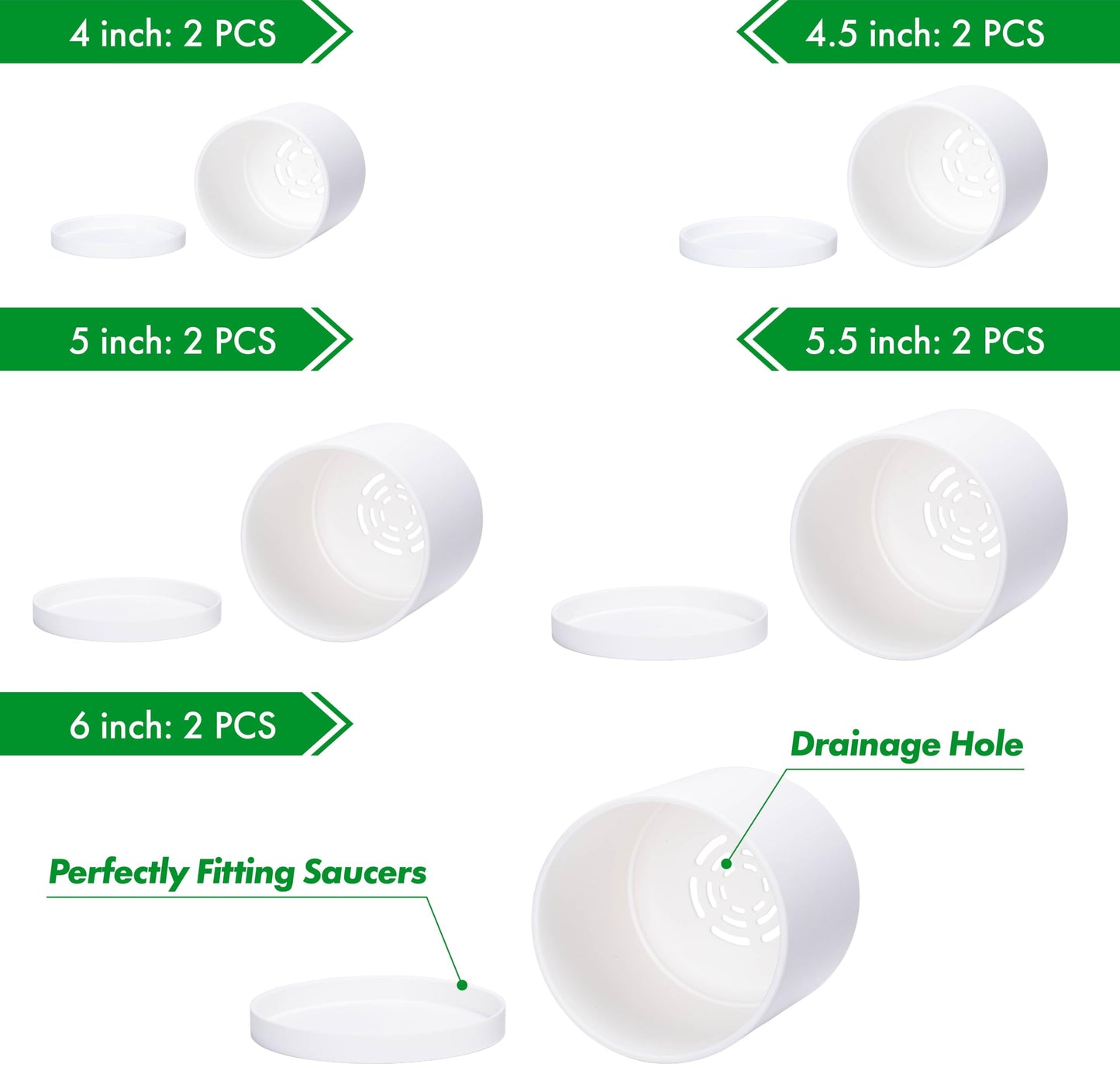 D'vine Dev Pack of 10 Plastic Plant Pots (2 Set of 6 Inch, 5.5 Inch, 5 Inch, 4.5 Inch, 4 Inch) Small Planter Pots for Plant with Drainage Holes and Saucers, White, 74-R-A