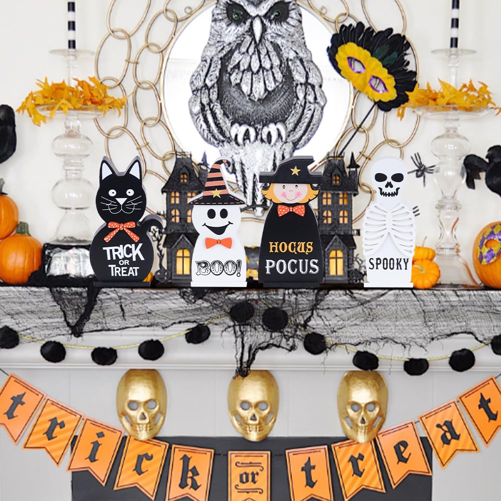 Halloween Decorations Indoor, DECSPAS 4 PCS Wood Blocks Halloween Table Decor, Ghost Black Cat Skull Witch Gothic Tabletop Ornaments, Hocus Pocus Decorations for Home, Tiered Tray, Shelf, Mantel