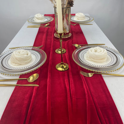 BTF HOME Velvet Table Runner, 10ft Luxurious Wedding Reception Decorations Soft Velvet Fabric Table Linen Overlay for Party (20 x 120 inch, Red)