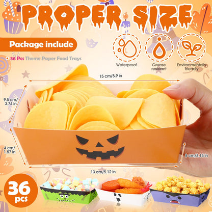 Dunzoom 36 Pcs Halloween Paper Food Trays Disposable Bowls Grease Resistant Pumpkin Monsters Ghost Food Boats Dessert Plates Nacho Snack Hot Dog Serving Tray for Halloween Party Supplies Decorations