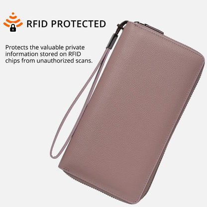 Bveyzi Women RFID Blocking Wallet Leather Zip Around Phone Clutch Large Capacity Ladies Travel Purse Wristlet (Dark Pink)