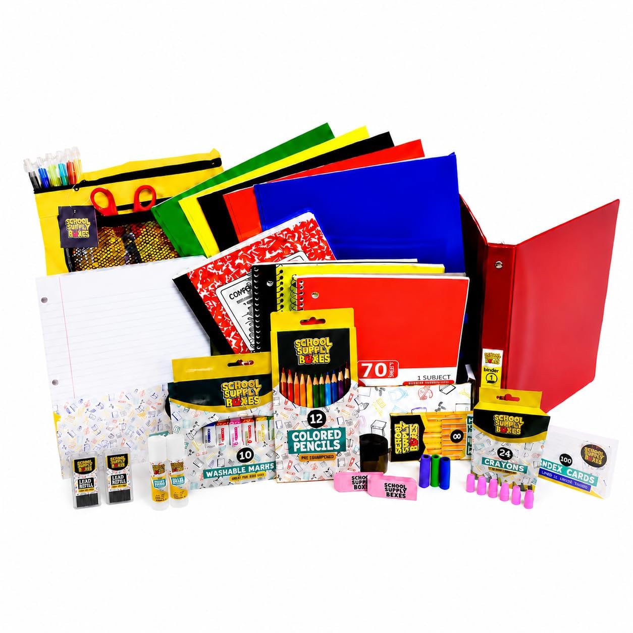 Elementary School Essentials Bundle | Case (4 Boxes) - 91 Pieces per Box | School Supply Boxes - Back to School Essentials | Includes Binders, Folers, Notebooks, Paper, Pencils, Pens, & More