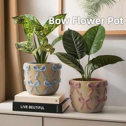 Yokiiimakiii Ceramic Flower Pots for Indoor and Outdoor Plants, Succulent Orchid Round Clay and Terracotta Planter for Garden Home Modern Decoration 5.3 Inch (Blue Bow, Without Saucers)