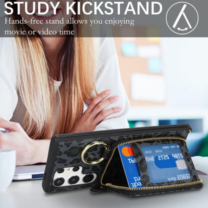 Hamany Crossbody Wallet Case for Galaxy S24 Ultra, PU Leather Zipper Handbag Purse Flip Cover, Kickstand Folio Case with Card Slots Holder Wrist Strap Lanyard -Black Leopard