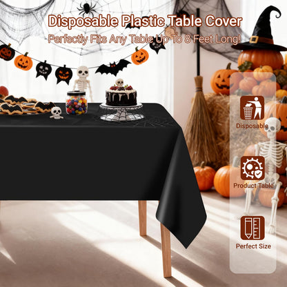 MRJ 12 Pack Black Plastic Tablecloths 54 x 108 Inch Disposable Rectangle Table Covers for Parties, Halloween and Birthdays Waterproof Bulk Table Cloths
