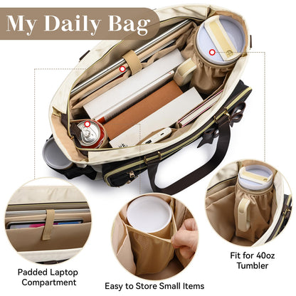 Teacher Tote Bag for Women,Multi-Pocket Laptop & Nurse Work Bag with Cup Holder,Structured Business Briefcase Computer Purse