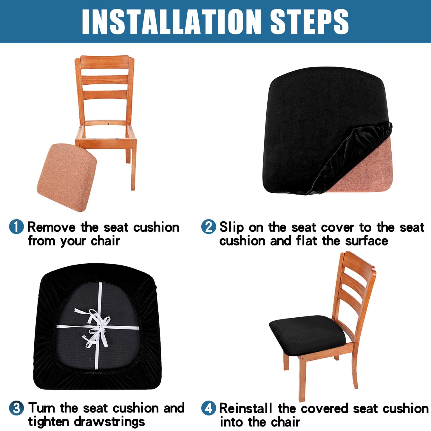 Smiry Velvet Seat Covers for Dining Room Chair Set of 2, Stretch Fit Removable Washable Chair Seat Cushion Protector Slipcovers with Ties, Black