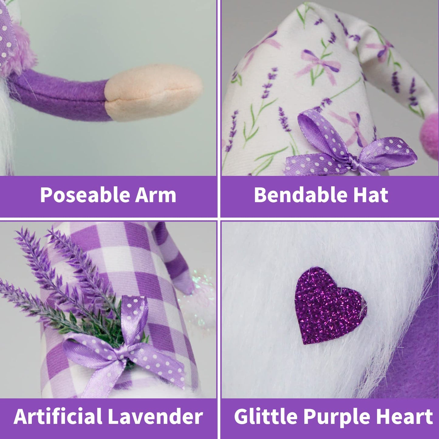 KnomeKo Spring Gnome Decor Set of 2, Lavender Gnomes with Sage Green & Purple Ribbon Bows, Plush Swedish Gnome Decorations for Home Tiered Tray Farmhouse Kitchen, Birthday Gift for Women