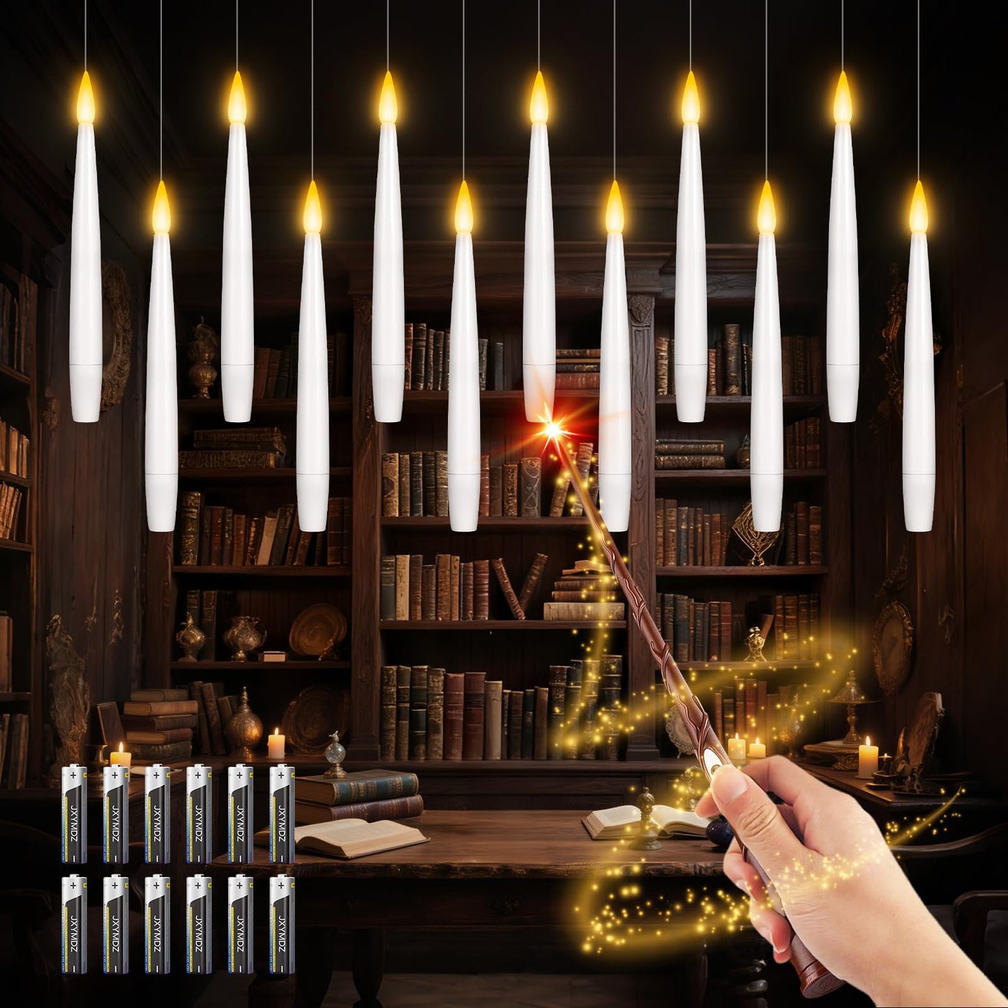 12 Pcs Floating Candles with Magic Wand Remote, Battery (included) Operated Hanging LED Candles Lasting for 200 H, Flameless Flickering Warm Light Taper Candle Set for Xmas Festival Theme Party Decor
