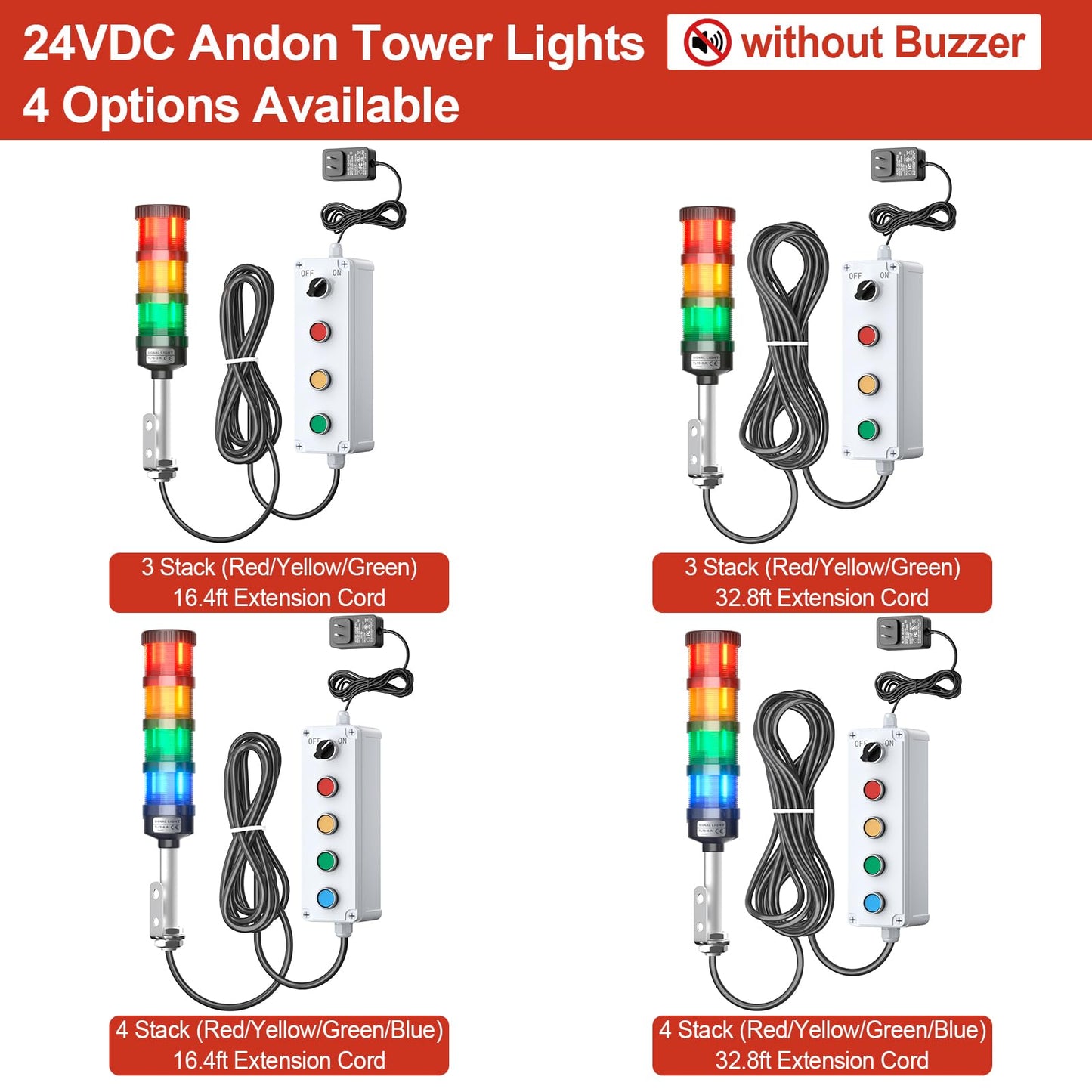 3 Stack Super Bright LED Andon Tower Lights, 24VDC Red/Yellow/Green Signal Light, Off-ON, No Sound, 16.4ft Extension Cord, 9.8ft Power Adapter, Plug Play Ready, for Factory Automation & Safety Alarms