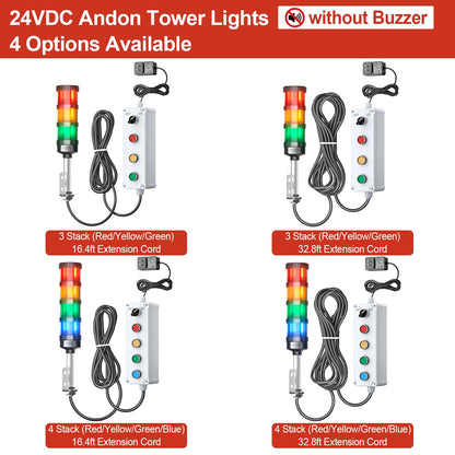 3 Stack Super Bright LED Andon Tower Lights, 24VDC Red/Yellow/Green Signal Light, Off-ON, No Sound, 16.4ft Extension Cord, 9.8ft Power Adapter, Plug Play Ready, for Factory Automation & Safety Alarms