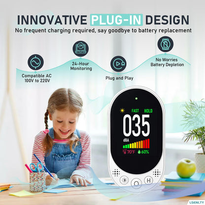 LSENLTY Decibel Meter Plug-in Wall, 30-130dBA Sound Level Meter, Data Hold&Max/Min&Fast/Slow Response 3-in-1 Noise Detector(TEM&Humidity), A-Weighted Noise Measuring Device for Classroom Home Library