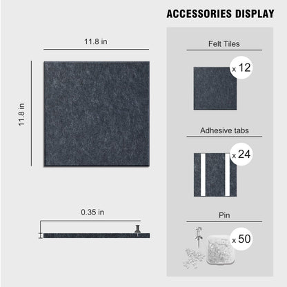 TSJOFFICE Large Cork Board for Wall - 48" x 36" Bulletin Board with 50 Pushpins for Office Decor, Pin Board 12 Pack Felt Wall Tiles with Safe Removable Adhesive Tabs, Corkboard for Home Office - Grey