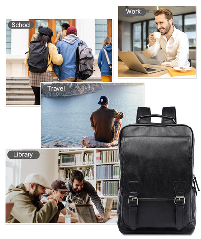 MOYYI Leather Backpack fits 15.6 Inch Laptop Vintage Backpack Waterproof Flap Bookbag for Men Leather Travel Backpack for Men Casual Knapsack Black