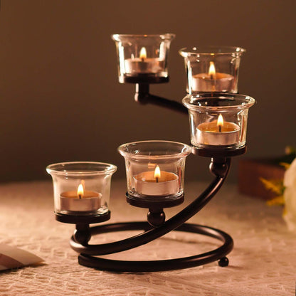 Kolnlala 2Pcs Black 5-arm Metal & Glass Tea Light Candle Holders for Table Centerpiece, Glass Votive Tealight Holders/Candelabra Candlestick Holders for Wedding,Party, Anniversary,Christmas