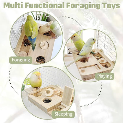 BNOSDM Wooden Bird Foraging Toys with Enrichment Puzzle for Training & Chewing Natural Wood Stand Platform Feeder Cage Accessoriesfor Small and Medium Parrots, Parakeets, Cockatiels, Sun Conures