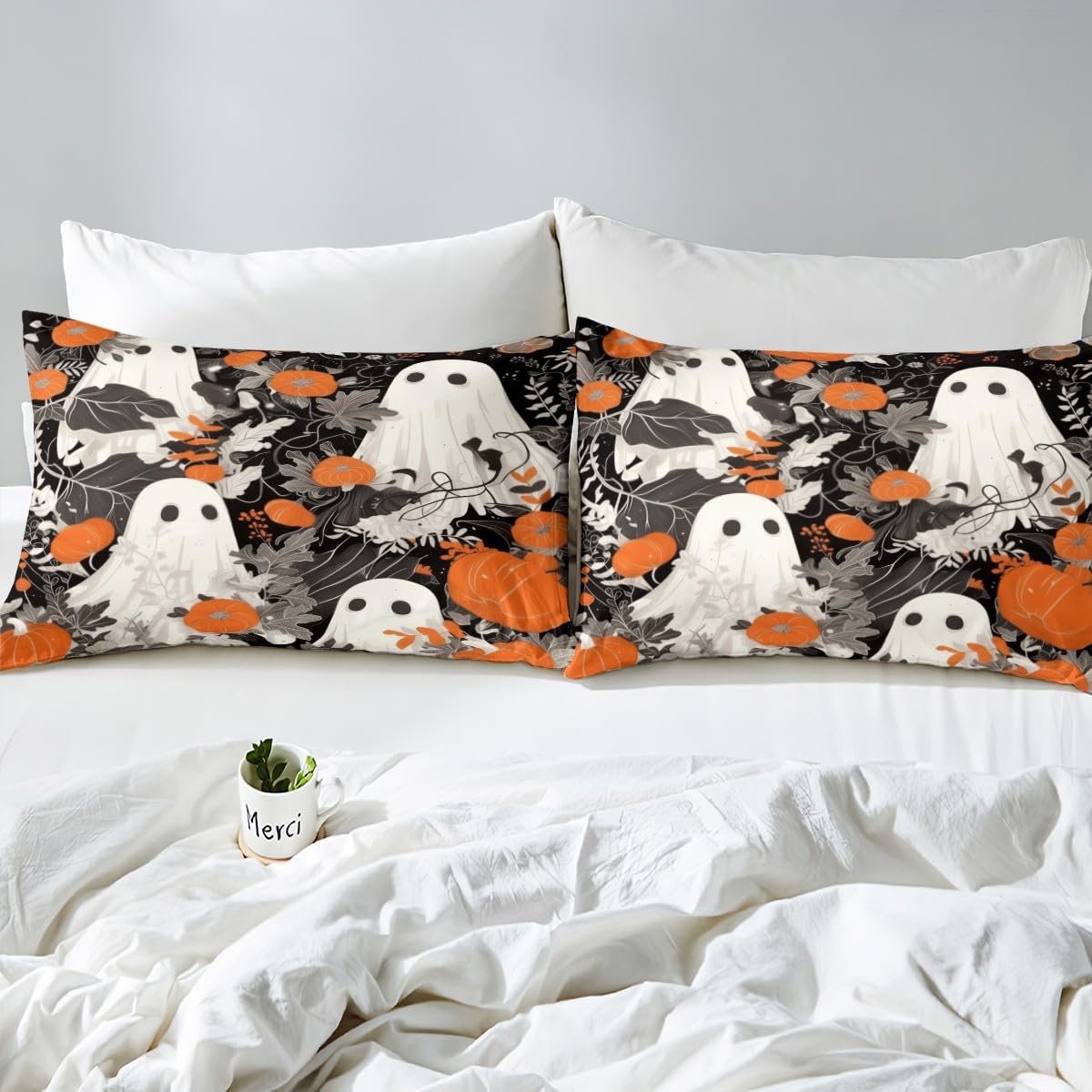 Cute Ghost Duvet Cover Queen,Happy Halloween Theme Bedding Set,Pumpkin Lantern Botanical Flower Comforter Cover,Kids Girls Boys Teens Room Decor,Autumn Retro Black White Quilt Cover,2 Pillowcases