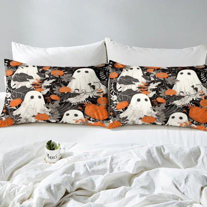Cute Ghost Duvet Cover Queen,Happy Halloween Theme Bedding Set,Pumpkin Lantern Botanical Flower Comforter Cover,Kids Girls Boys Teens Room Decor,Autumn Retro Black White Quilt Cover,2 Pillowcases