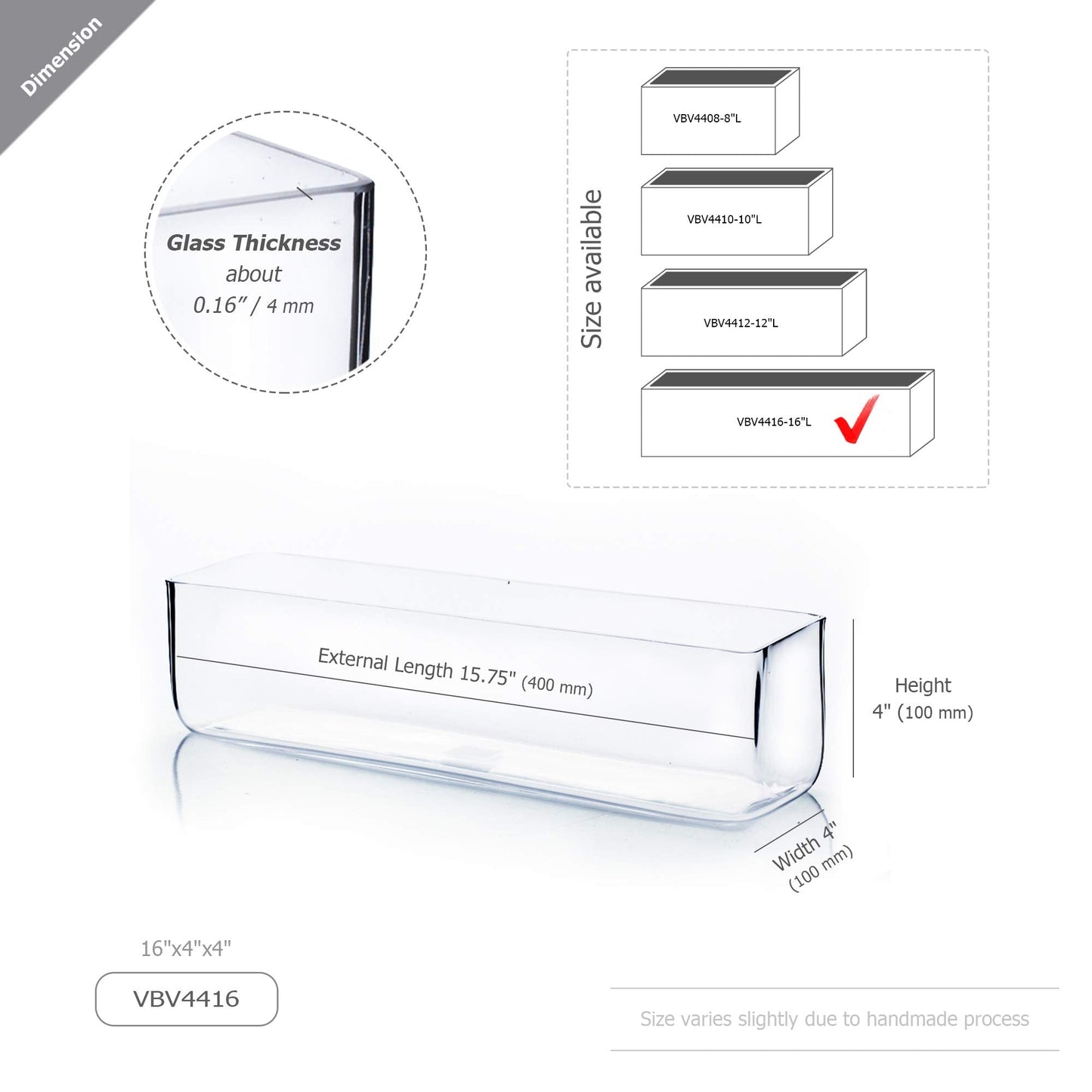 WGV Rectangle Block Glass Vase, Width 4", Length 16", Height 4", Clear Long Floral Container, Candle Holder for Home Office Wedding Decor, 1 Piece