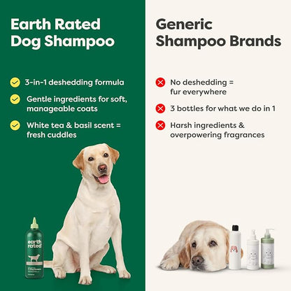 Earth Rated Deshedding Dog Shampoo, Hypoallergenic 3-in-1, Shampoo & Conditioner for Dogs & Puppies, Deodorizing, 98.5% Natural Origin Ingredients, 16 oz