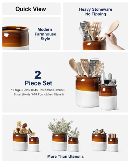 LE TAUCI Kitchen Utensil Holder for Countertop, Ceramic Utensil Crock Set of 2, Rustic Brown Holder for Spatulas, Spoons and Ladles, Large Farmhouse Kitchen Counter Decor, Brown and White, 7.2" & 5.4"