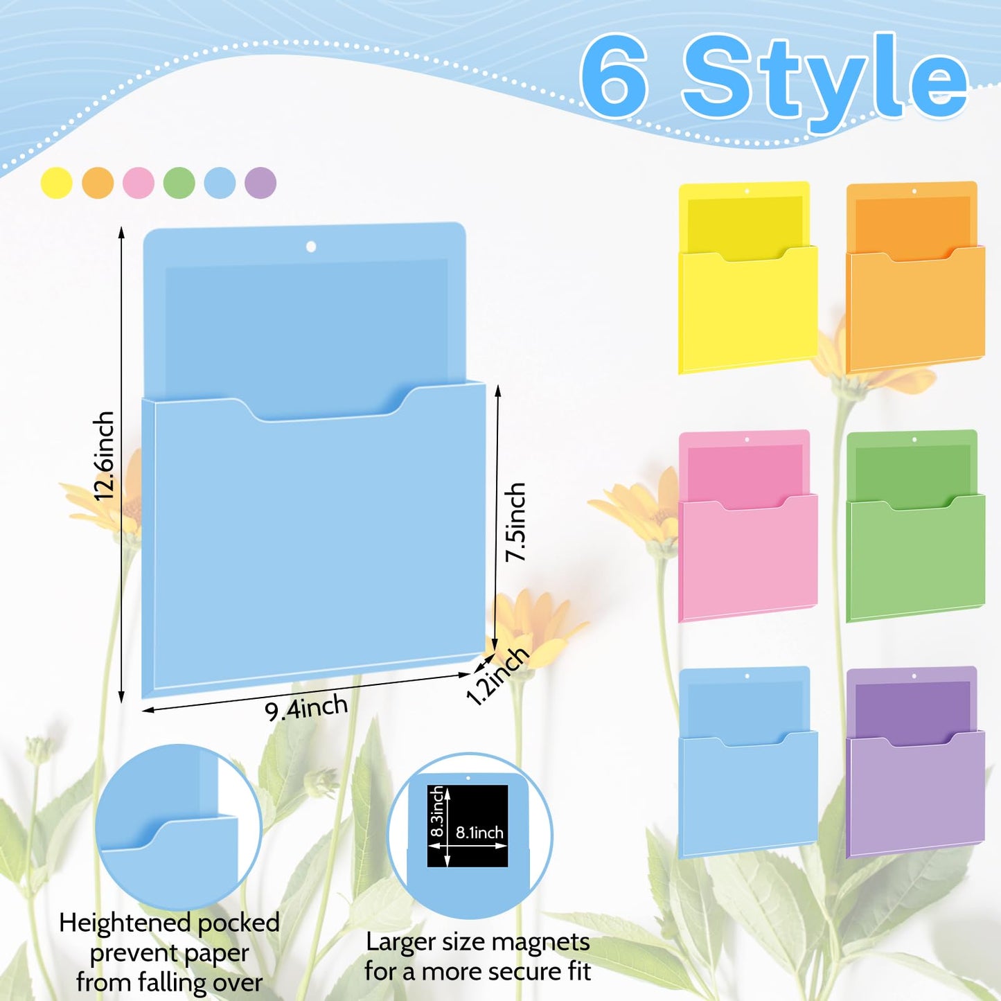 Fuutreo 6 Pcs Magnetic Wall File Organizer Magnetic Wall File Holder Refrigerator Magazine Holder for Mail Letters Paper (Macaron Color,Vertical-large)