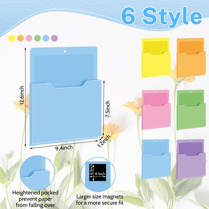 Fuutreo 6 Pcs Magnetic Wall File Organizer Magnetic Wall File Holder Refrigerator Magazine Holder for Mail Letters Paper (Macaron Color,Vertical-large)