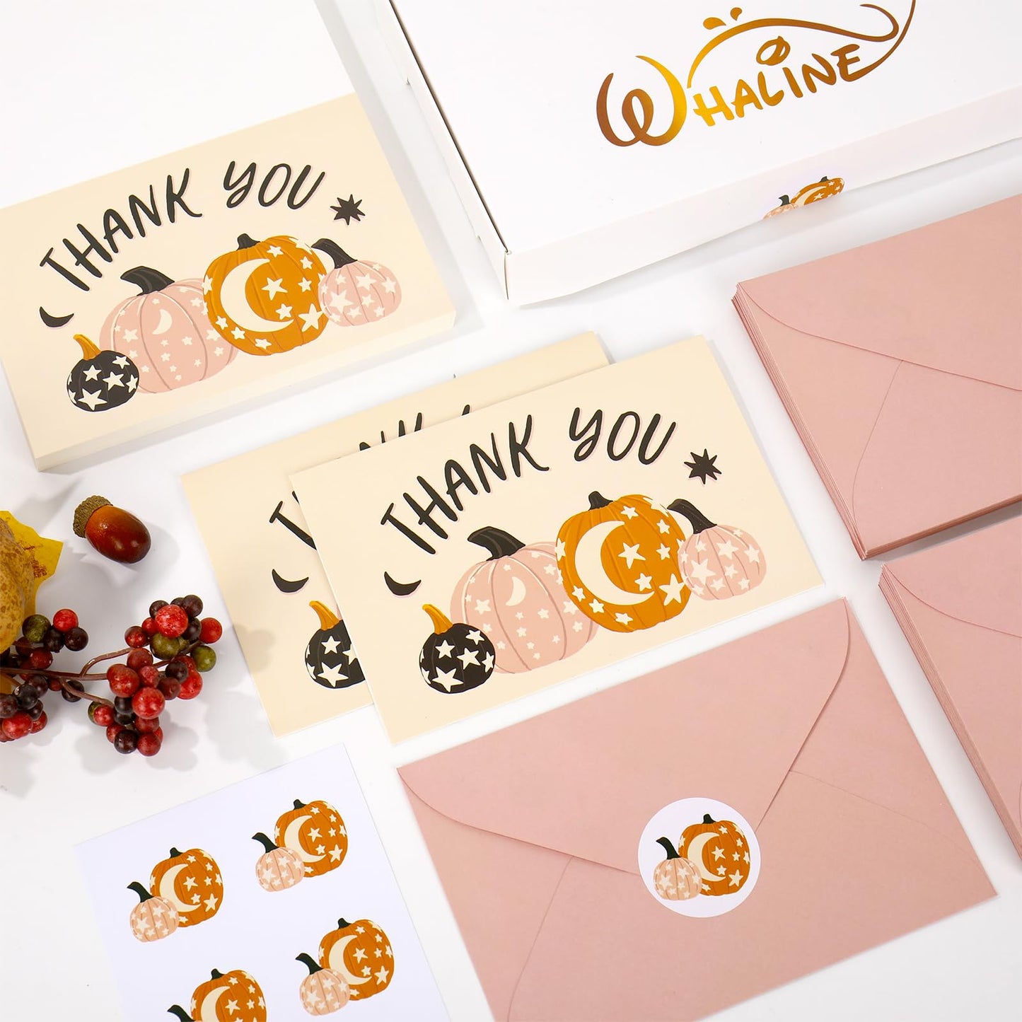 Whaline 50 Pack Fall Thank You Cards Pink Orange Pumpkin Greeting Cards with Envelopes Stickers Blank Note Card for Autumn Thanksgiving Halloween Wedding Baby Shower Birthday, 4 x 6 Inch