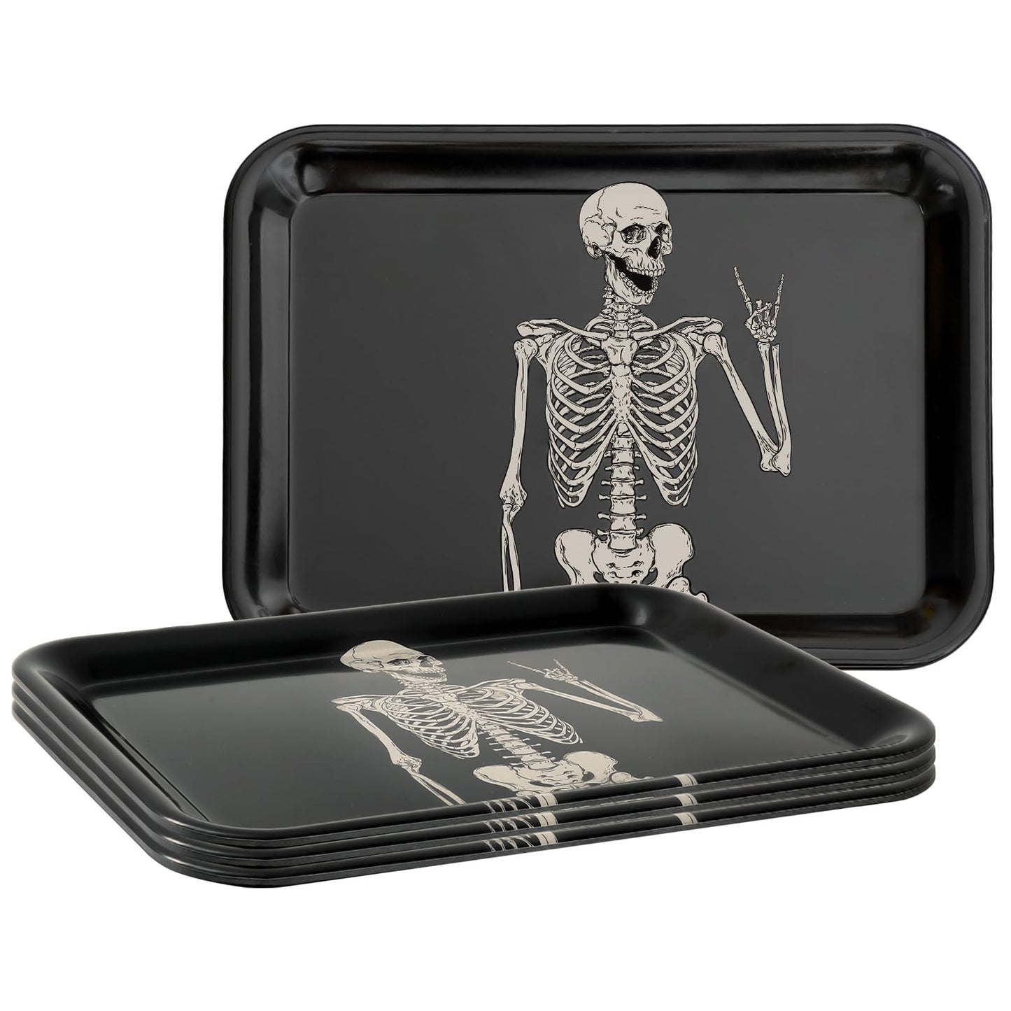 Whaline 3Pcs Halloween Serving Trays Black Skeleton Plastic Platter Serving Dishes Reusable Trays for Party Sharing Snack Fruit Dessert Supplies, 10 x 13 Inch