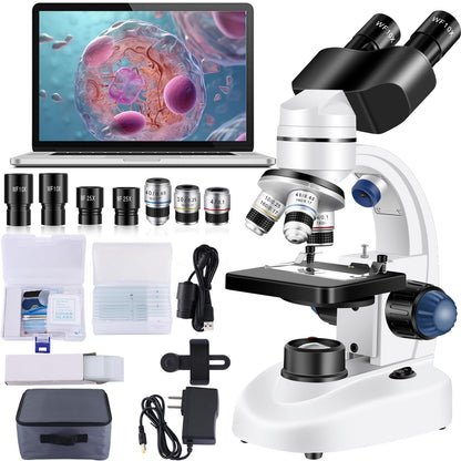 Woehrsh Microscope for Adults WF10x and WF25x eyepieces, 40X-2000X Magnification USB Camera, Microscope for Adults Suitable for Laboratory School Home Education（White Microscope）