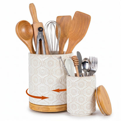 Newise Utensil Holder - Set of 2, Ceramic Kitchen Utensil Holder for Countertop, Large Utensil Crock with 360° Rotating Base, 7.7"+5.6" Embossed Cooking Storage and Decoration
