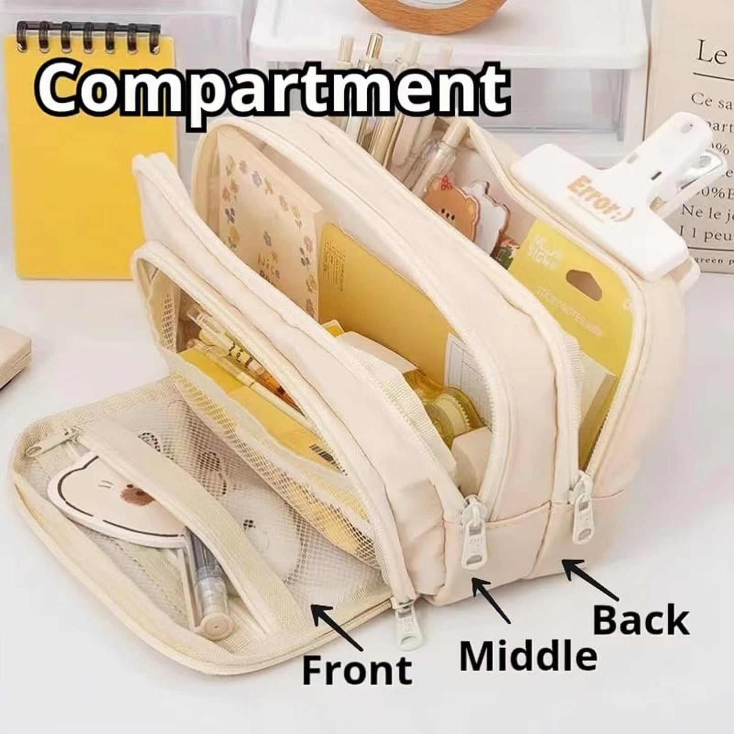 Onlvye Big Capacity Pencil Case 3 Compartments Large Pencil Pouch Pen Bag Pencil Box Holder Organizer Simple Storage Aesthetic Stationery Cosmetic for Adults Men Women Office Essentials (White)