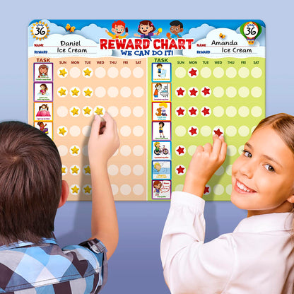 Chore Chart for Multiple Kids, Behavior Incentive for at Home, Dry Erase, and Magnetic Board for 2 Kids, Includes 54 Task Cards
