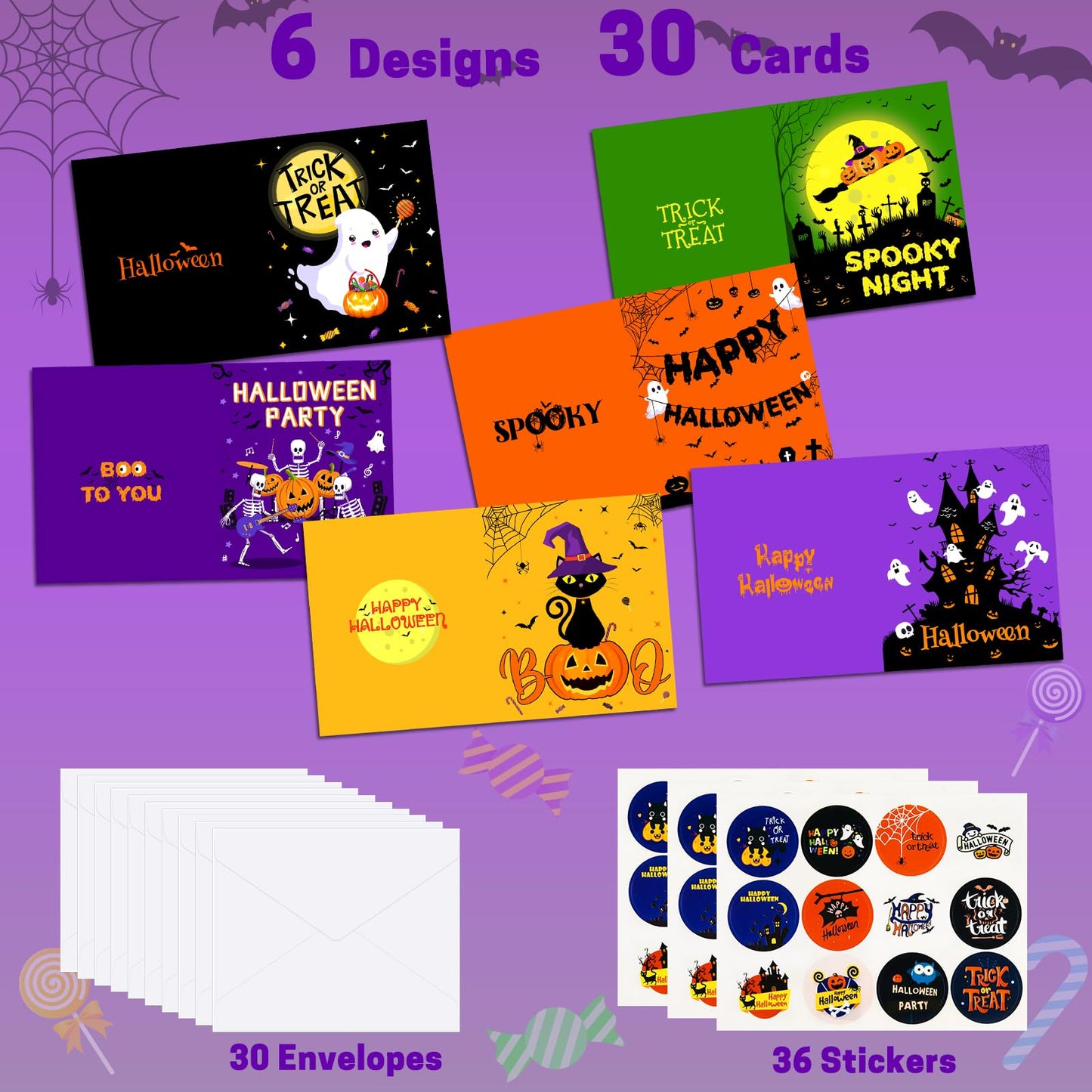 NEBURORA 30 Pack Halloween Greeting Cards with Envelopes and Stickers for Happy Halloween Party Favors Gifts Bag Fillers