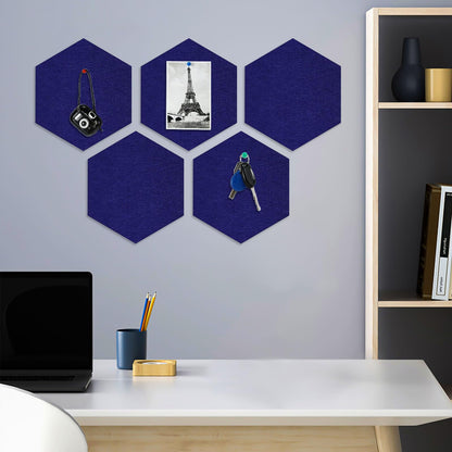 8 Packs Royal Blue Hexagon Felt Pin Board, 12" Bulletin Board with 30 Push Pins, Felt Board for Home Kitchen Office Decor, Self-Adhesive Corkboard Tiles for Walls School Message Photos Memos