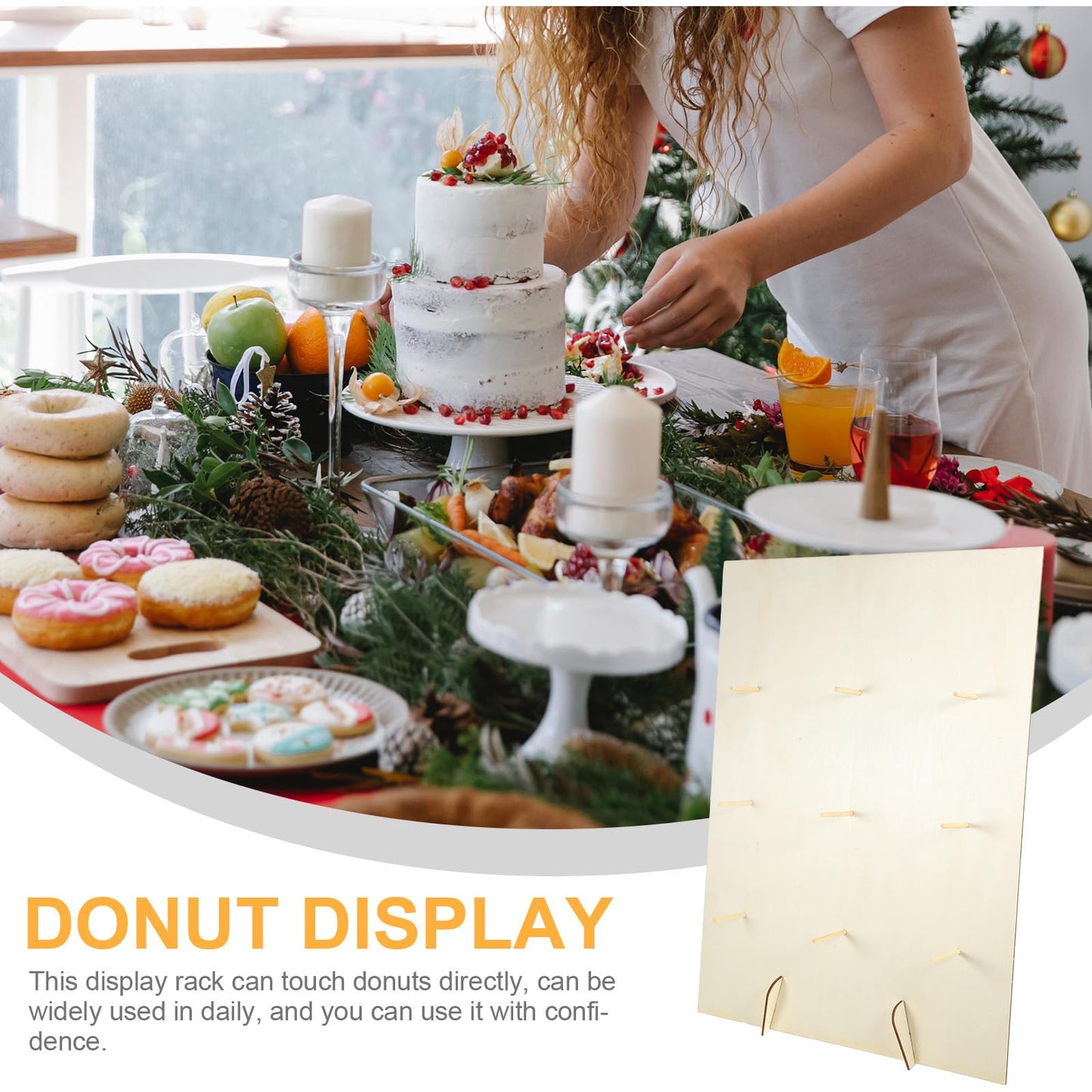 PRETYZOOM Wooden Donut Display Stand 15.74X11.81X1.96In Pastry Display Rack with Smooth Surface for Wedding Party Dessert Table and Kitchen Donut Holder