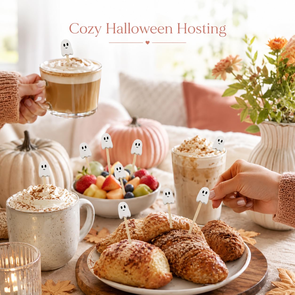 100 Pcs Ghost Cocktail Picks for Halloween and Fall – Bamboo Toothpicks with Cute Ghost Design for Appetizers, Fruit, Desserts, Coffee Drinks, Cake Toppers and Party Decorations (white)
