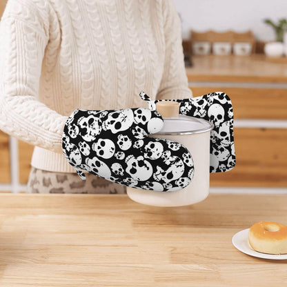 Skull Black And White Oven Mitts And Pot Holders Set Of 2 Silicone Heat Resistant Oven Mitten Potholders Non Slip Gloves Kitchen Decor For Bbq Cooking Grilling Baking