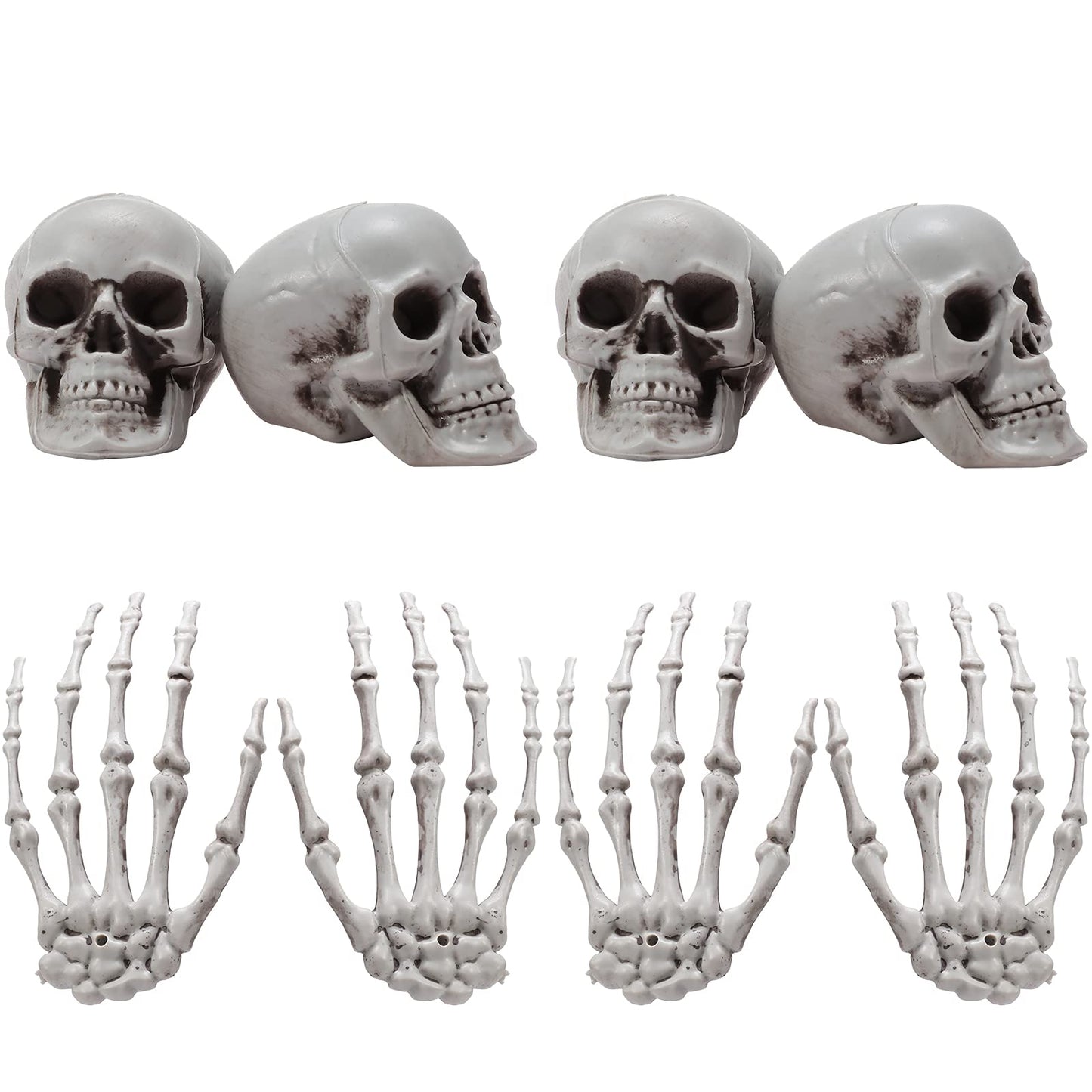 8 Pieces Halloween Decoration Set Includes 4 Halloween Mini Skulls Realistic Looking Skulls and 4 Skeleton Hands Plastic Fake Human Hands for Decoration