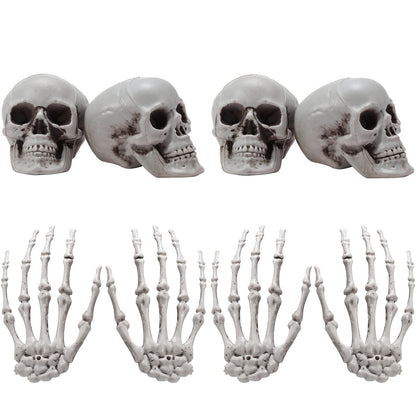 8 Pieces Halloween Decoration Set Includes 4 Halloween Mini Skulls Realistic Looking Skulls and 4 Skeleton Hands Plastic Fake Human Hands for Decoration