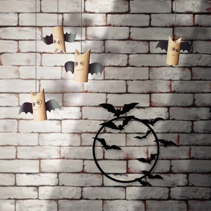 YATEASLU Halloween Bats Metal Wall Art – Moon and Bat Design – Indoor & Outdoor Decoration for Home, Kitchen