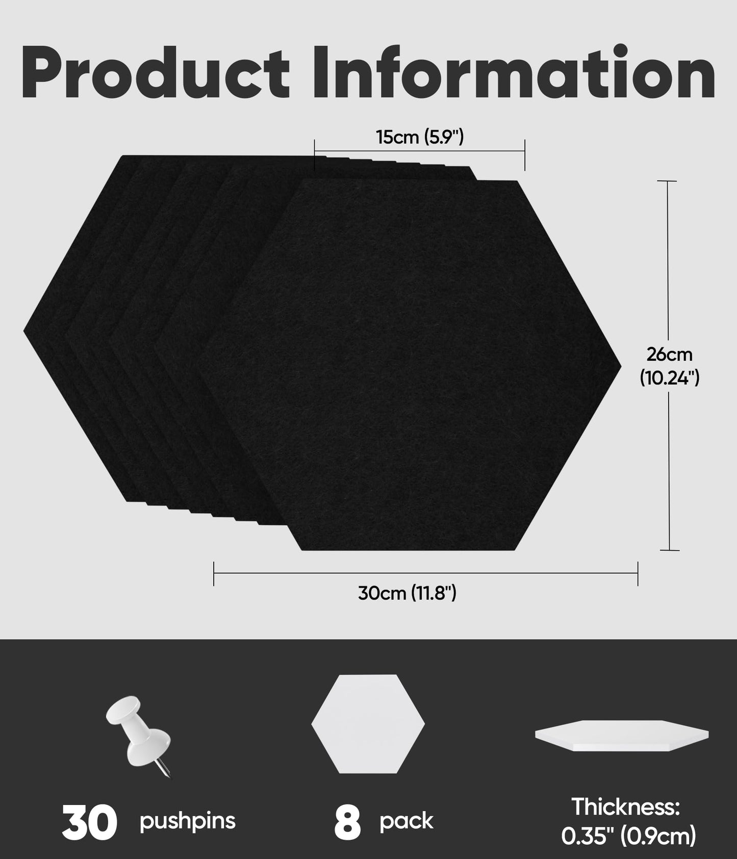 Toptople 12 Inch Large Hexagon Cork Board for Walls, 8 Pack Felt Bulletin Board Tiles, Pin Board with Push Pins for Office Photo and Note, Black