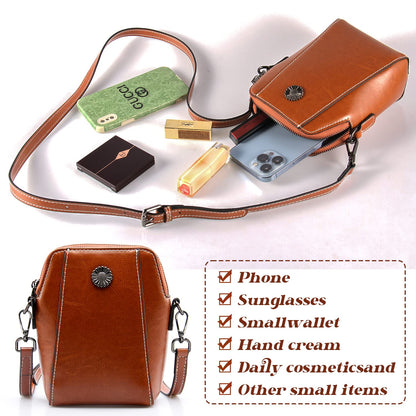Designer Leather Small Crossbody Bags Purses for Women Cell Phone Bag Soft Women's Shoulder Handbags Gifts for Women (Brown)