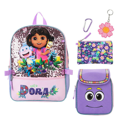 Bioworld Dora the Explorer Animated 5-Piece 16” Backpack And Lunch Set For School & Travel