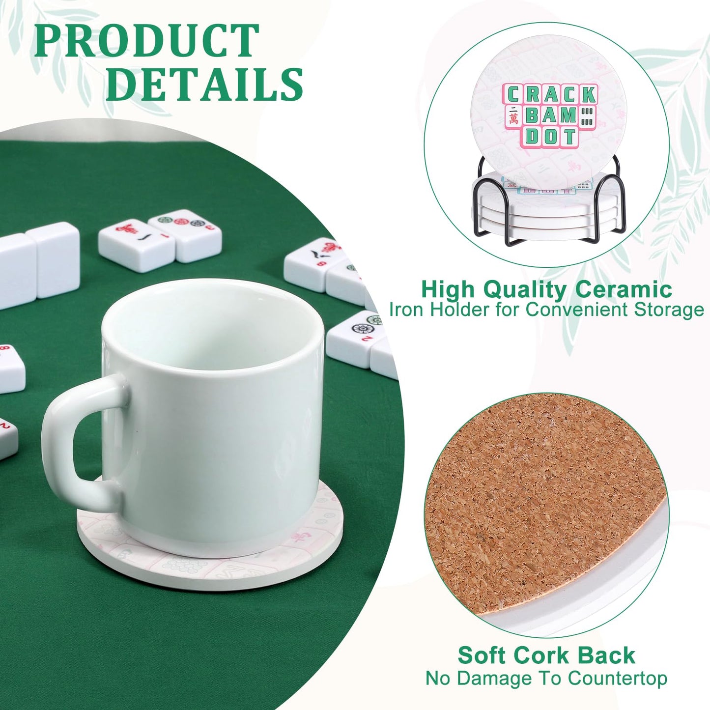 Hoowen Mahjong Coasters with Holder, Ceramic Coasters for Drinks Set of 4, Absorbent Round Coasters, Mahjong Gift and Accessories for Most Cups, Table Game Housewarming Party Supplies