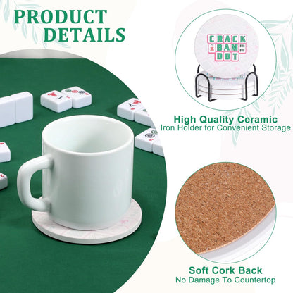 Hoowen Mahjong Coasters with Holder, Ceramic Coasters for Drinks Set of 4, Absorbent Round Coasters, Mahjong Gift and Accessories for Most Cups, Table Game Housewarming Party Supplies