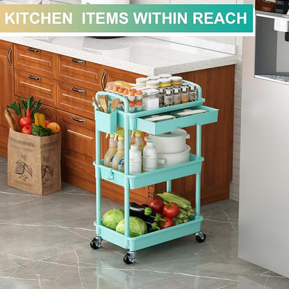 Goovilla 3 Tier Rolling Utility Cart Organizer with Removable Drawer, Stable and Sturdy Blue Rolling Storage Carts with 2 Lockable Wheels for Bathroom, Kitchen, Snack, Craft, Makeup, Baby Essentials