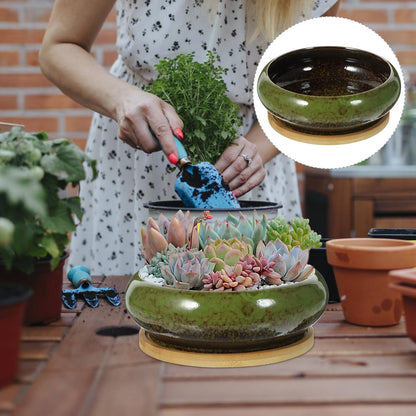 GANAZONO Succulent Succulent Planters with Drainage Ceramic Bonsai Pots with Bamboo Trays Round Shallow Pots for Indoor Cactus Flower Plants Green