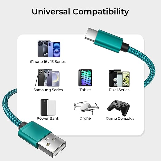Basesailor USB Type C Charger Cable 10FT 2Pack,Nylon Charging Cord for iPhone 17 16 Pro Max,Samsung Galaxy Z Fold 5,Note 20,Tab S9 S10 S10E 10E FE S25 S24 Plus Ultra,A55 A54,Google Pixel 8 7 6